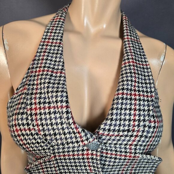 Y2K Vest Waistcoat Fitted Houndstooth Size XS Academia Office Siren Beige Black - Picture 5 of 12